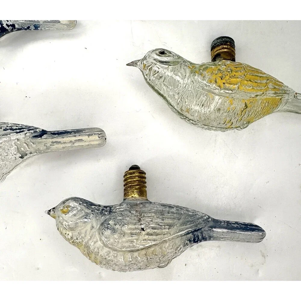 Bird Light Bulb Ornament Clear Glass Painted Blue Old• 5 Pc • Christmas Vintage